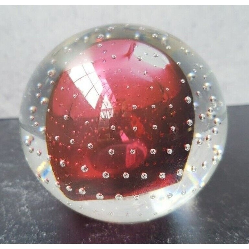 K. Jablonski Signed Poland Controlled Bubble Red Paperweight 2.5" Tall w/Sticker
